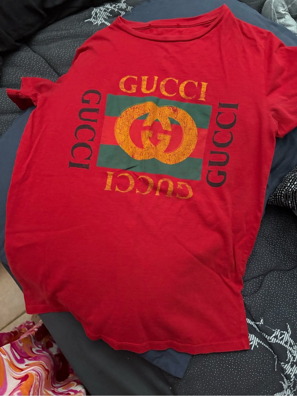Gucci Red Short Sleeve Tee with Green-Red Stripe and Gold Logo